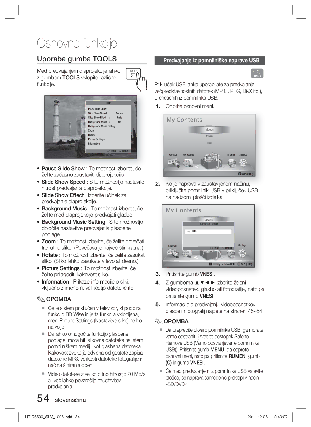 Samsung HT-D6500/EN manual Uporaba gumba Tools, Predvajanje iz pomnilniške naprave USB 