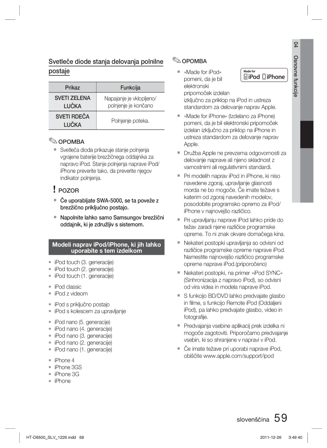 Samsung HT-D6500/EN manual Svetleče diode stanja delovanja polnilne postaje, Prikaz Funkcija, Napajanje je vklopljeno 