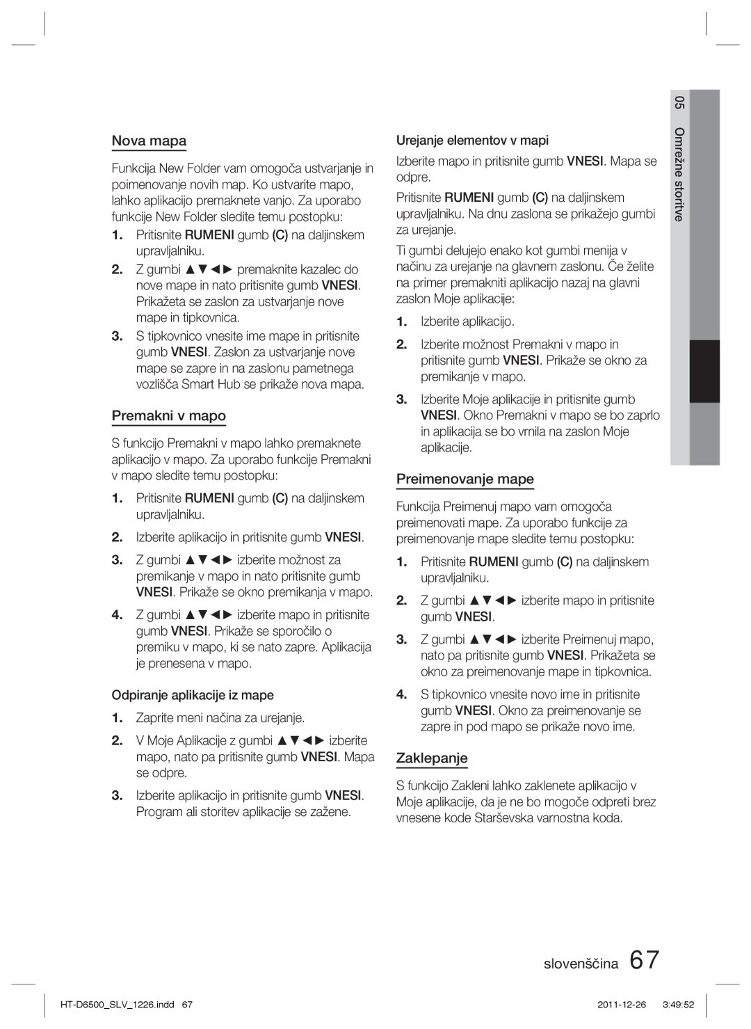 Samsung HT-D6500/EN manual Nova mapa, Premakni v mapo, Preimenovanje mape, Zaklepanje 