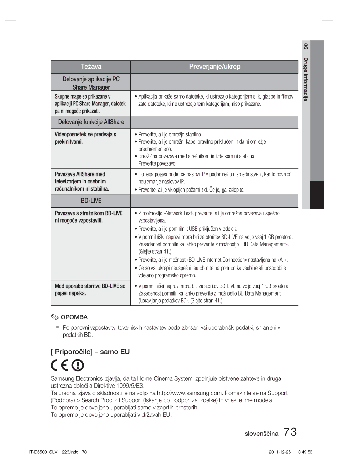 Samsung HT-D6500/EN manual Priporočilo samo EU 