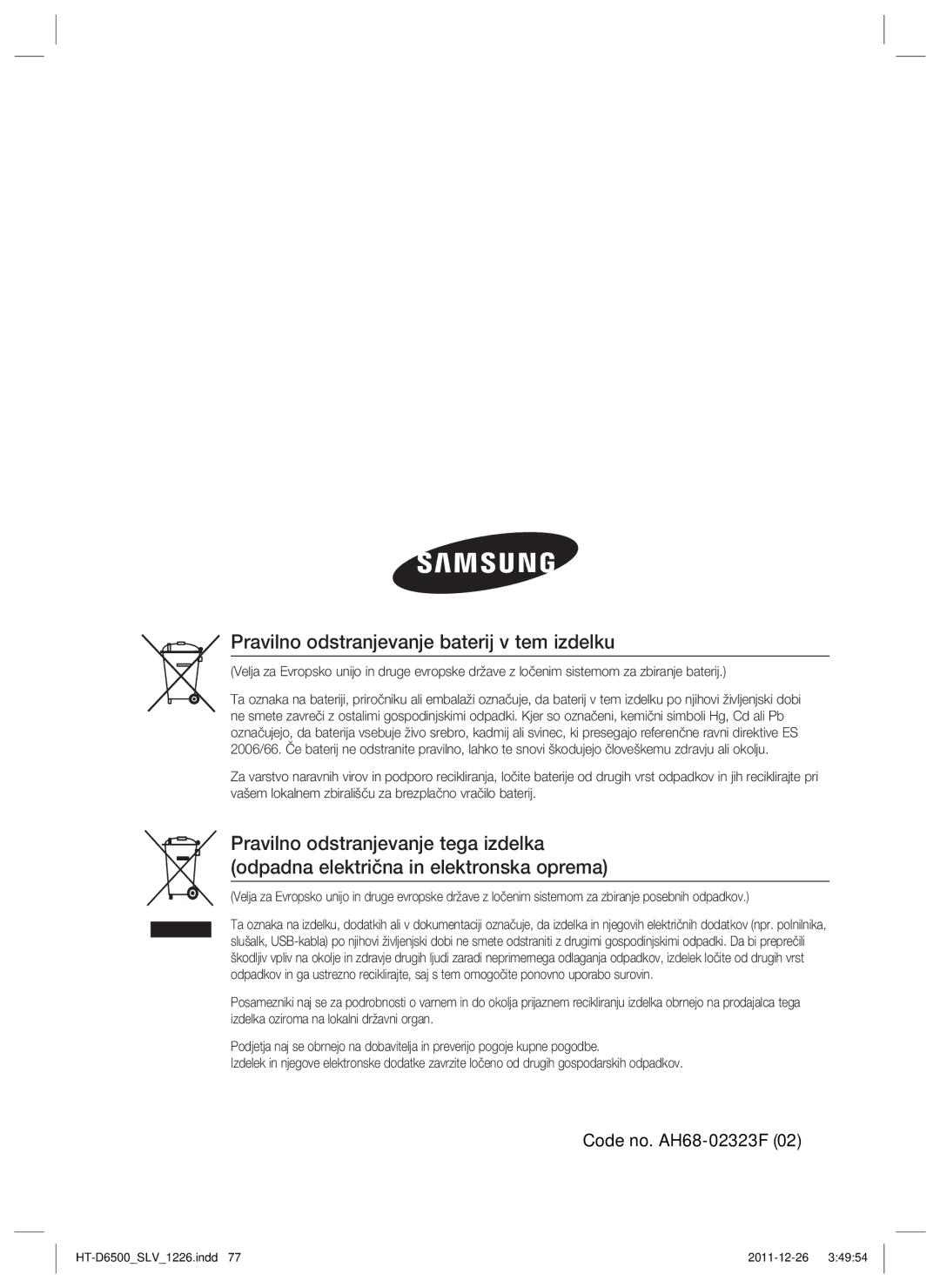 Samsung HT-D6500/EN manual Pravilno odstranjevanje baterij v tem izdelku 