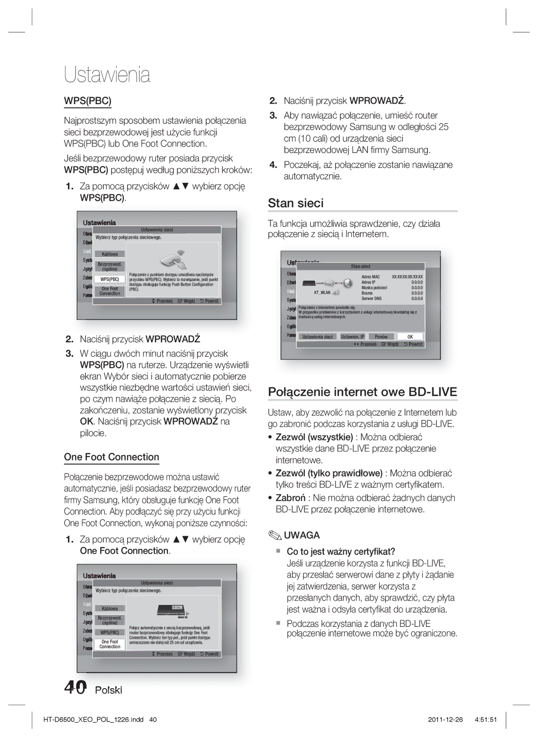 Samsung HT-D6500/EN manual Stan sieci, Połączenie internet owe BD-LIVE, One Foot Connection 