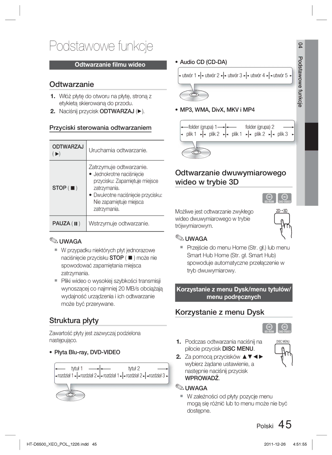 Samsung HT-D6500/EN manual Struktura płyty, Odtwarzanie dwuwymiarowego wideo w trybie 3D, Korzystanie z menu Dysk 