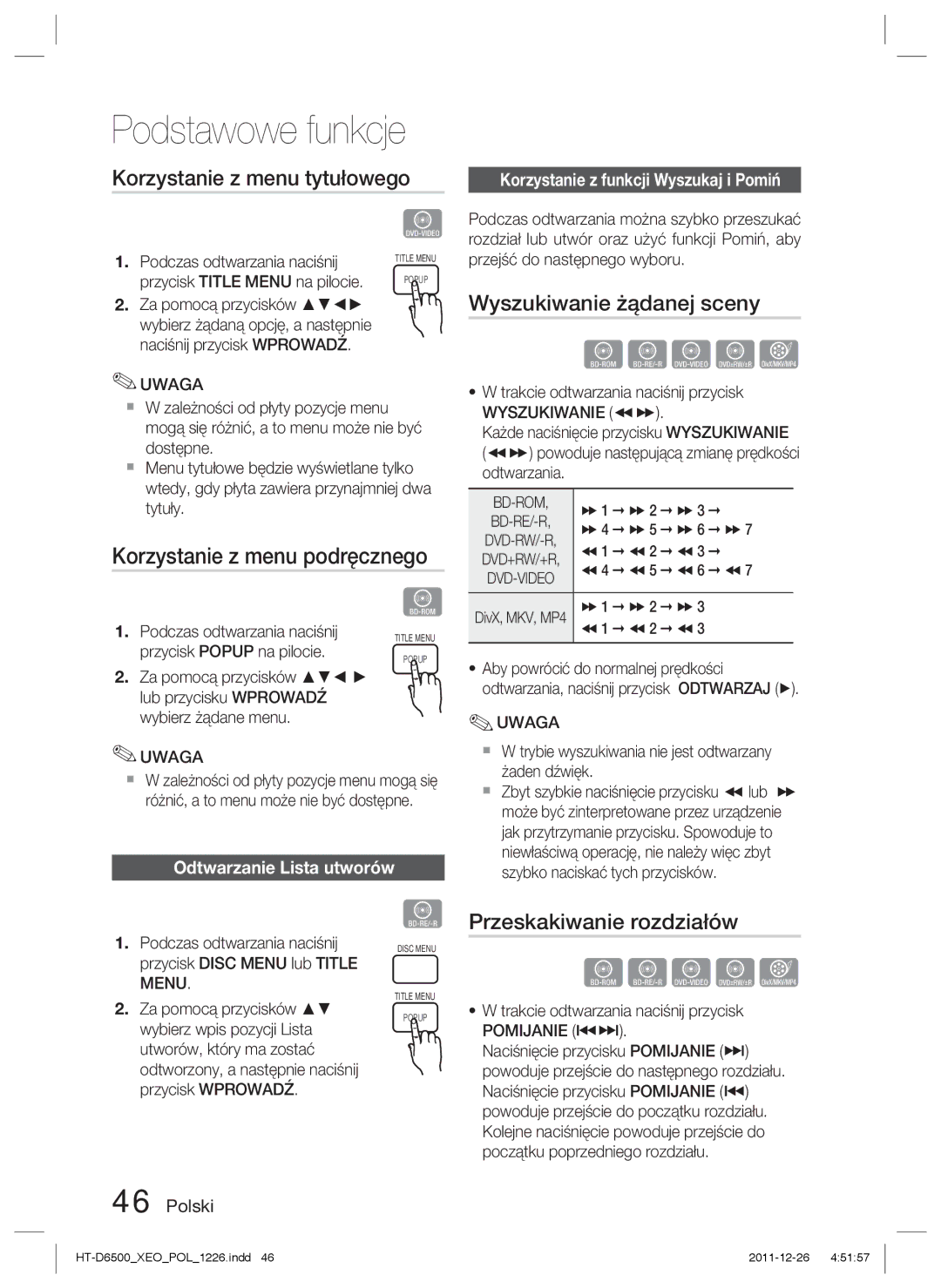 Samsung HT-D6500/EN manual Korzystanie z menu tytułowego, Korzystanie z menu podręcznego, Wyszukiwanie żądanej sceny 