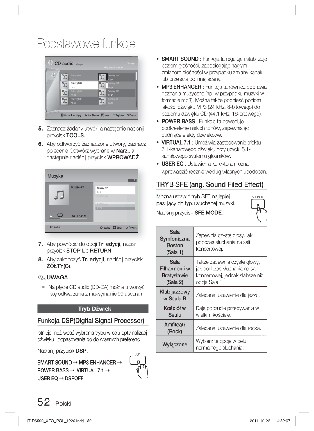 Samsung HT-D6500/EN manual Tryb SFE ang. Sound Filed Effect, Funkcja DSPDigital Signal Processor, Tryb Dźwięk, Smart Sound 