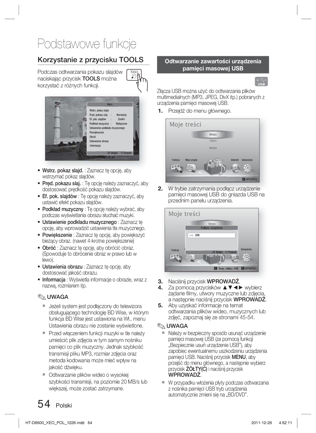 Samsung HT-D6500/EN manual Korzystanie z przycisku Tools, Odtwarzanie zawartości urządzenia Pamięci masowej USB 