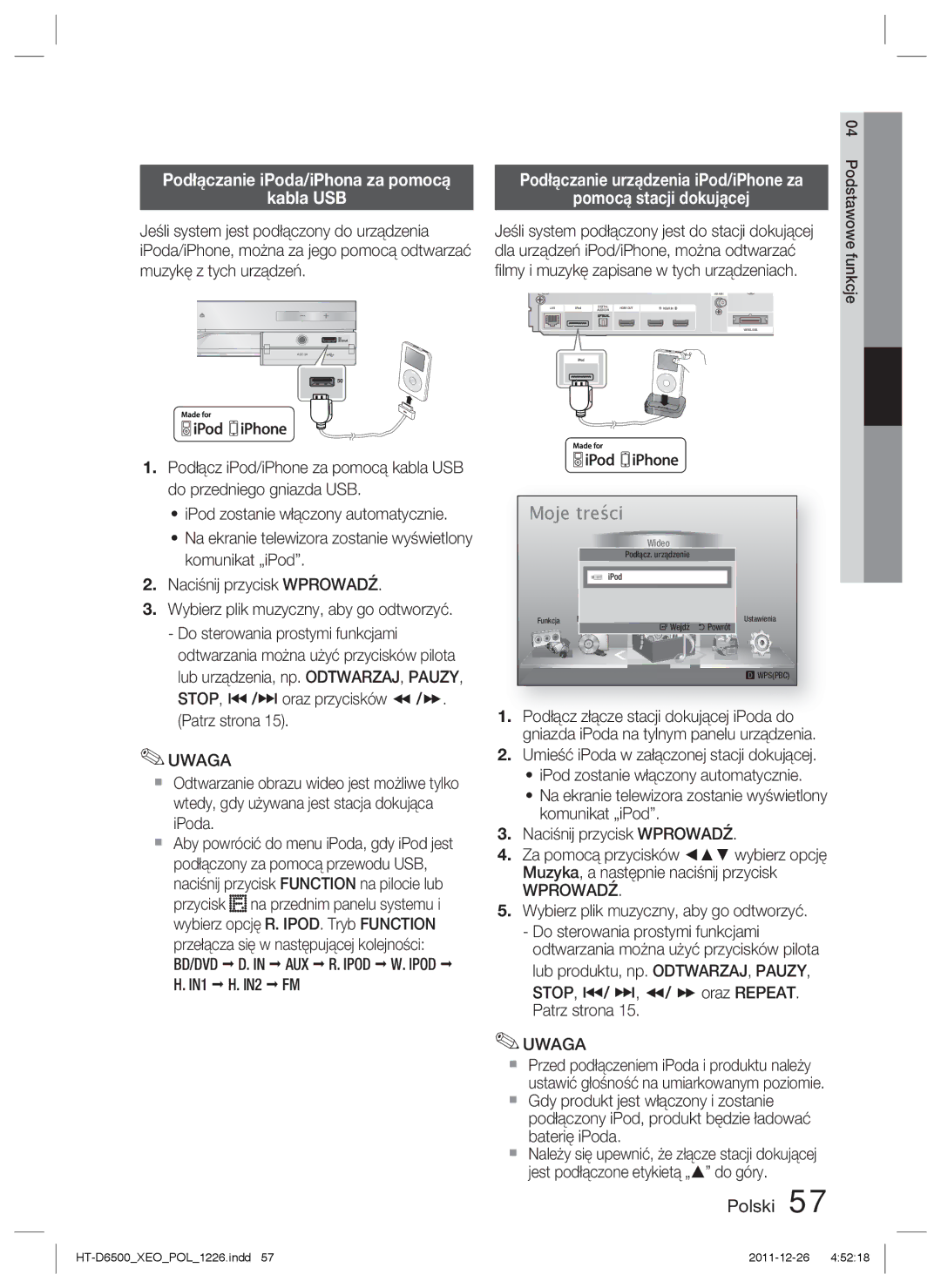 Samsung HT-D6500/EN manual Podłączanie iPoda/iPhona za pomocą Kabla USB, Przełącza się w następującej kolejności, IN1 IN2 