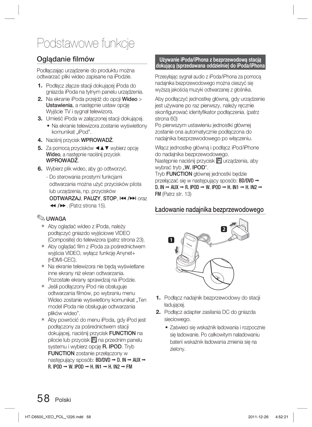 Samsung HT-D6500/EN manual Oglądanie ﬁlmów, Ładowanie nadajnika bezprzewodowego, Ipod W. Ipod 