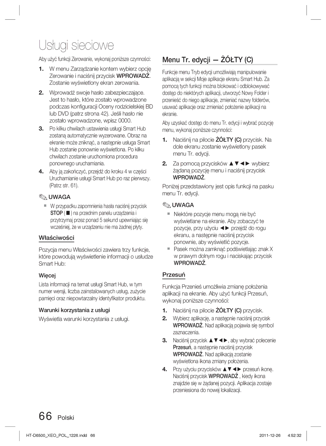 Samsung HT-D6500/EN manual Menu Tr. edycji Żółty C, Właściwości, Przesuń 