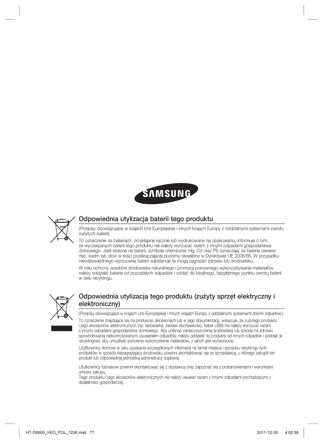 Samsung HT-D6500/EN manual Odpowiednia utylizacja baterii tego produktu 