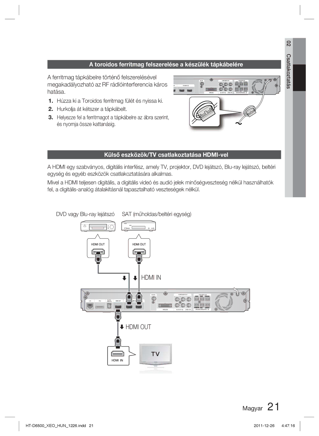 Samsung HT-D6500/EN Toroidos ferritmag felszerelése a készülék tápkábelére, Külső eszközök/TV csatlakoztatása HDMI-vel 