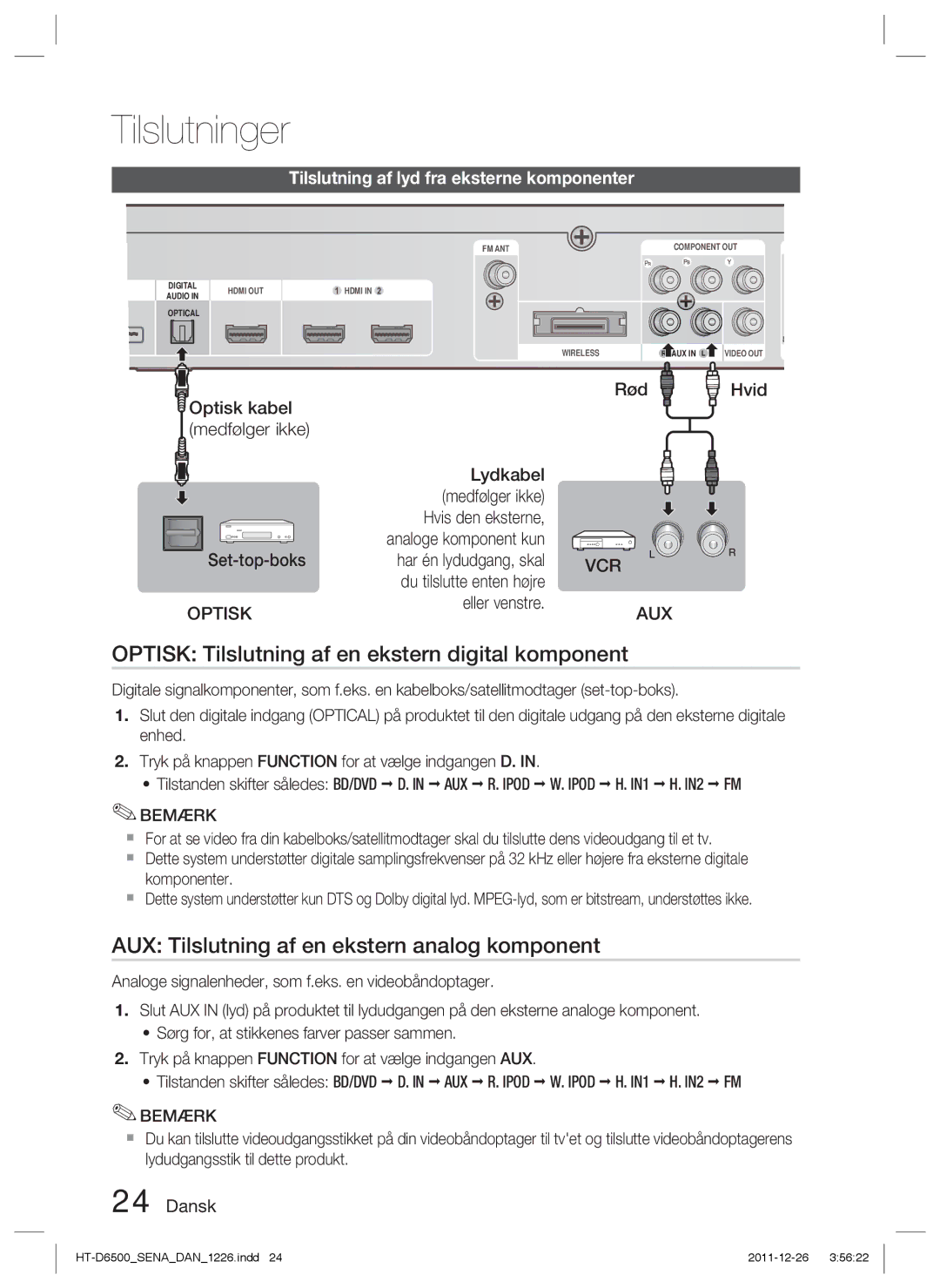 Samsung HT-D6500/XE Optisk Tilslutning af en ekstern digital komponent, AUX Tilslutning af en ekstern analog komponent 