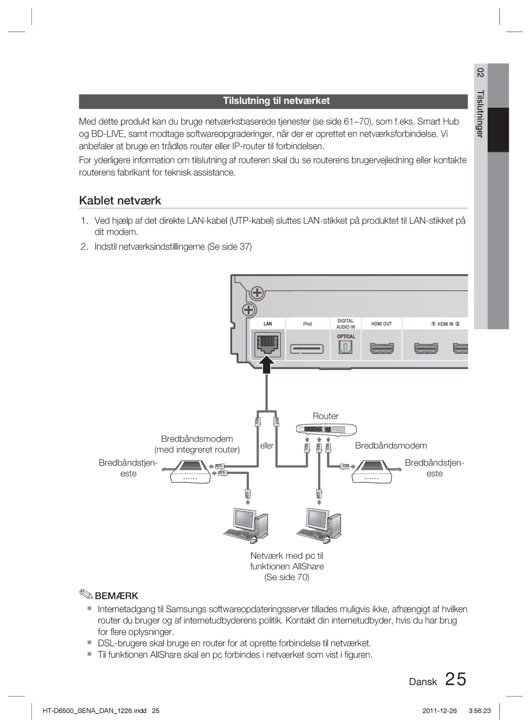 Samsung HT-D6500/XE manual Tilslutning til netværket, Netværk med pc til funktionen AllShare Se side 