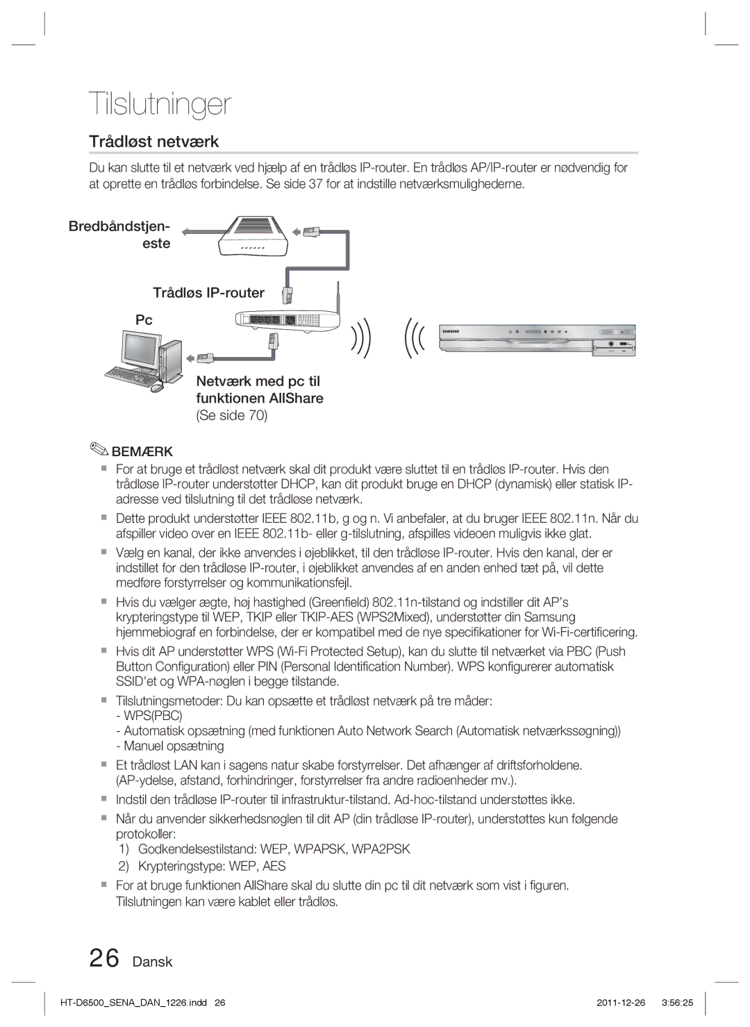 Samsung HT-D6500/XE manual Trådløst netværk, Wpspbc 