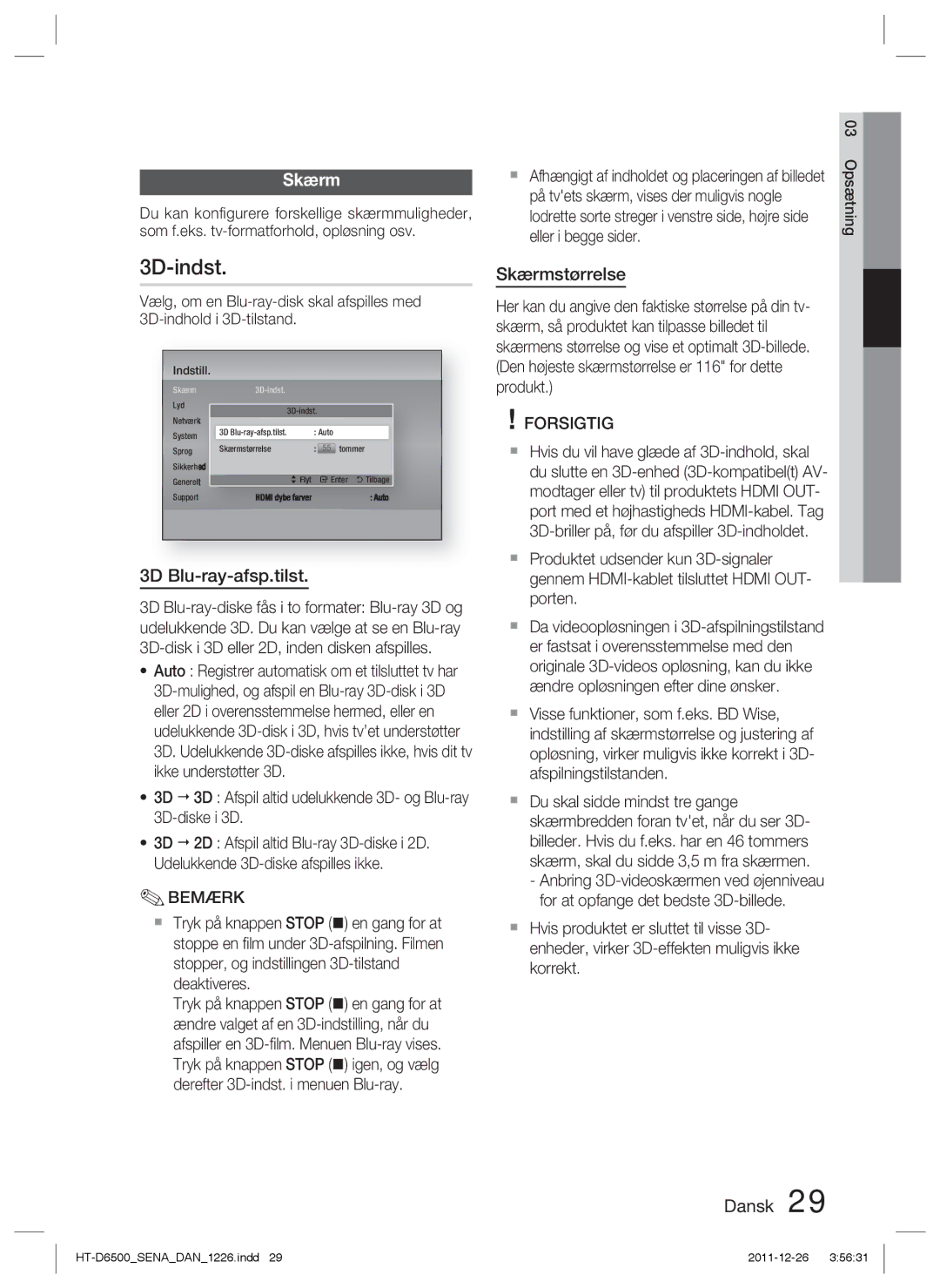 Samsung HT-D6500/XE manual 3D-indst, 3D Blu-ray-afsp.tilst, Skærmstørrelse 