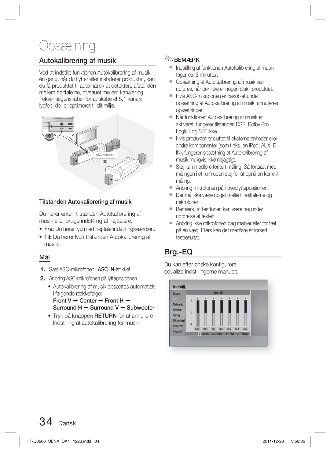 Samsung HT-D6500/XE manual Brg.-EQ, Tilstanden Autokalibrering af musik, Mål 