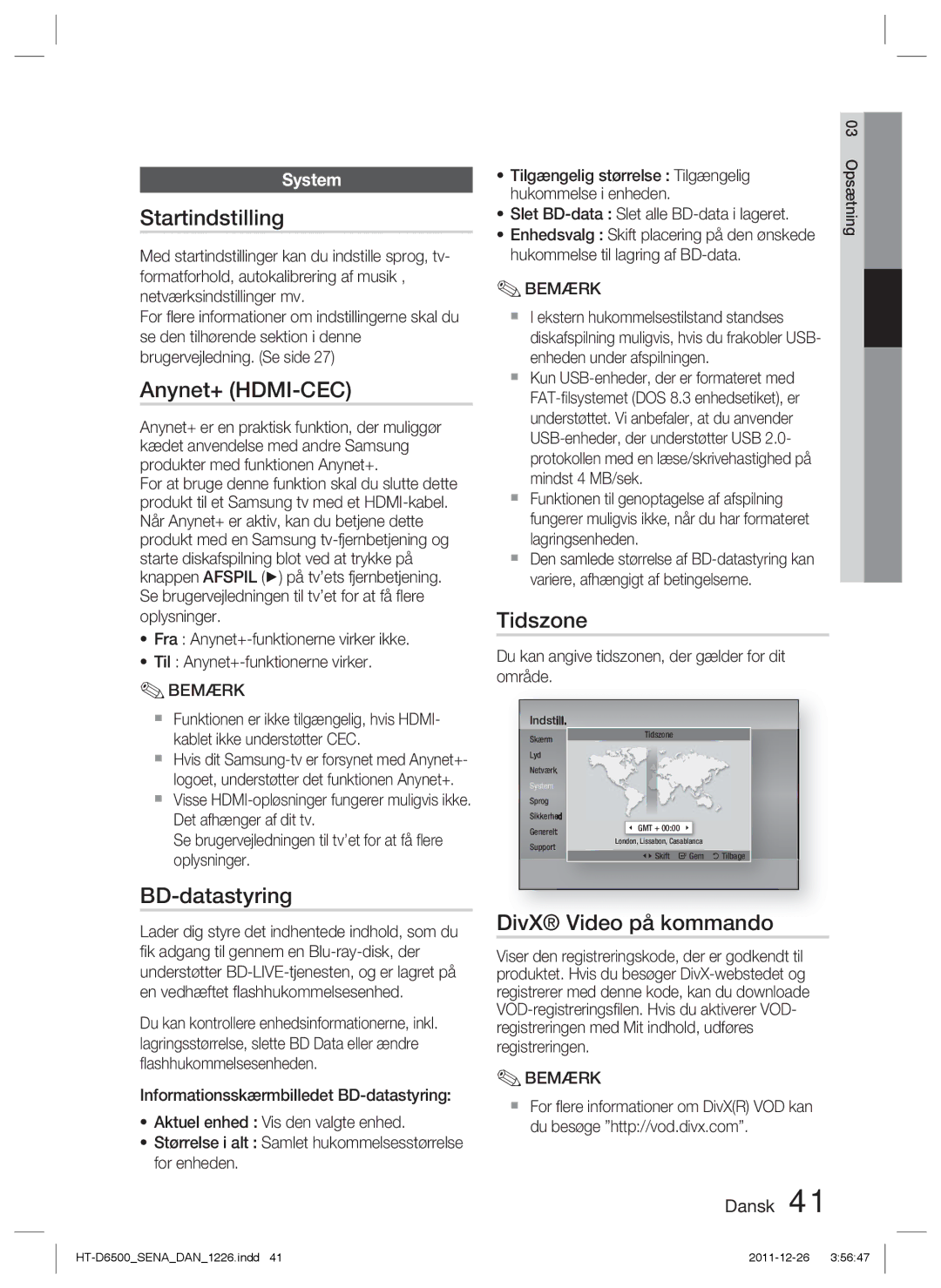 Samsung HT-D6500/XE manual Startindstilling, BD-datastyring, Tidszone, DivX Video på kommando 