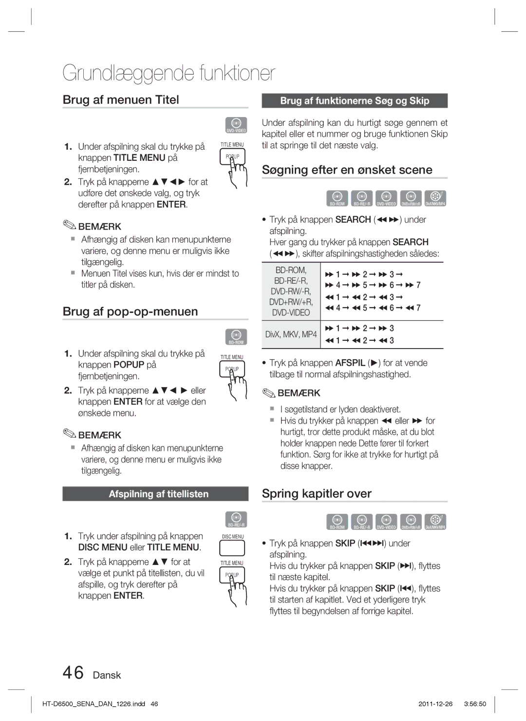 Samsung HT-D6500/XE Brug af menuen Titel, Søgning efter en ønsket scene, Brug af pop-op-menuen, Afspilning af titellisten 