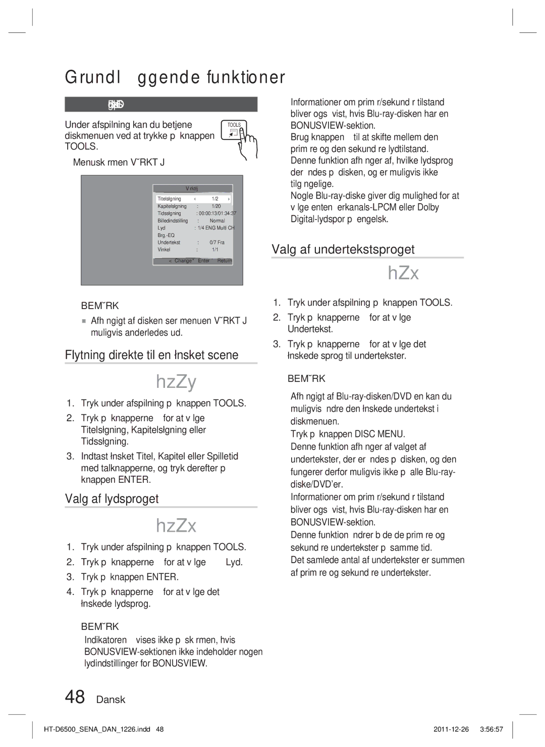 Samsung HT-D6500/XE manual Flytning direkte til en ønsket scene, Valg af lydsproget, Valg af undertekstsproget 