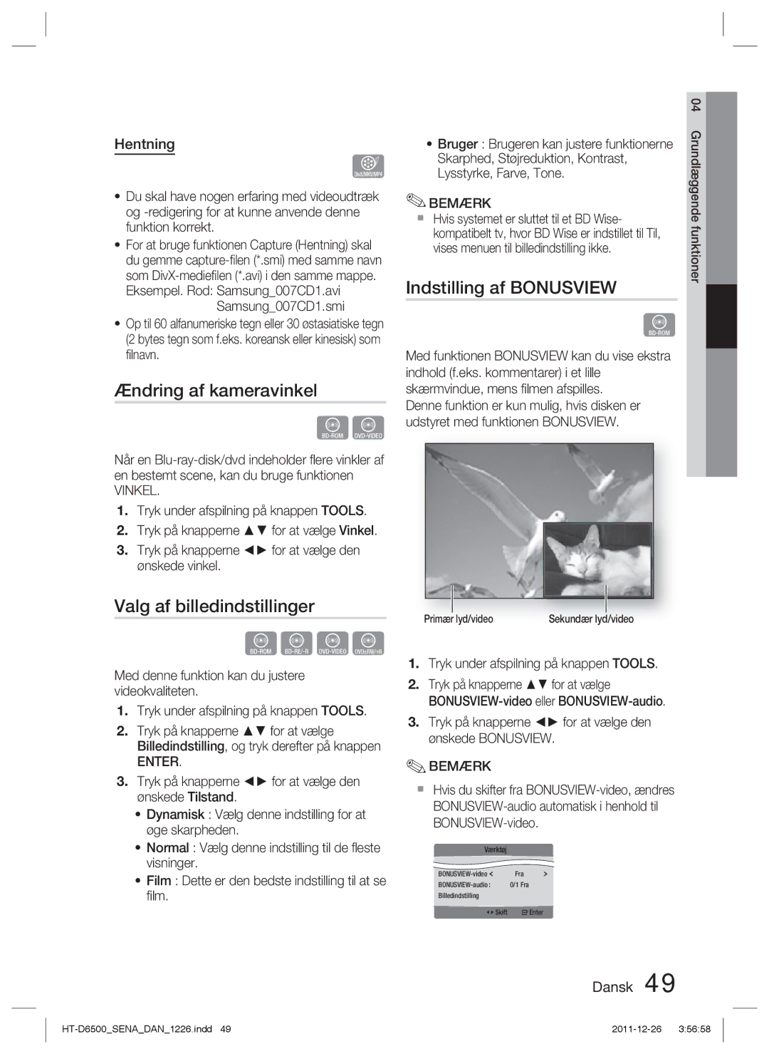 Samsung HT-D6500/XE manual Ændring af kameravinkel, Valg af billedindstillinger, Indstilling af Bonusview, Hentning 