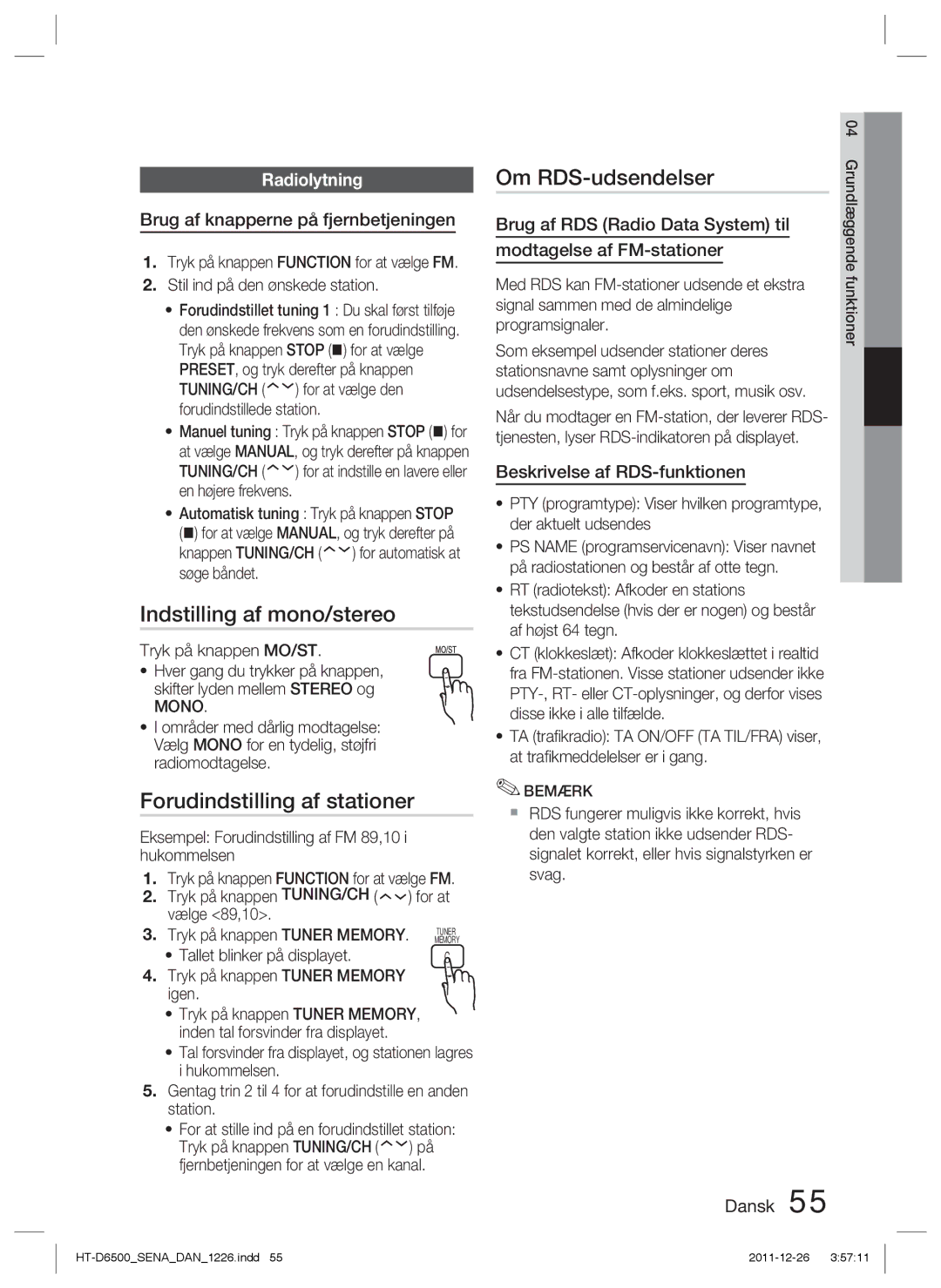Samsung HT-D6500/XE manual Indstilling af mono/stereo, Forudindstilling af stationer, Om RDS-udsendelser, Radiolytning 