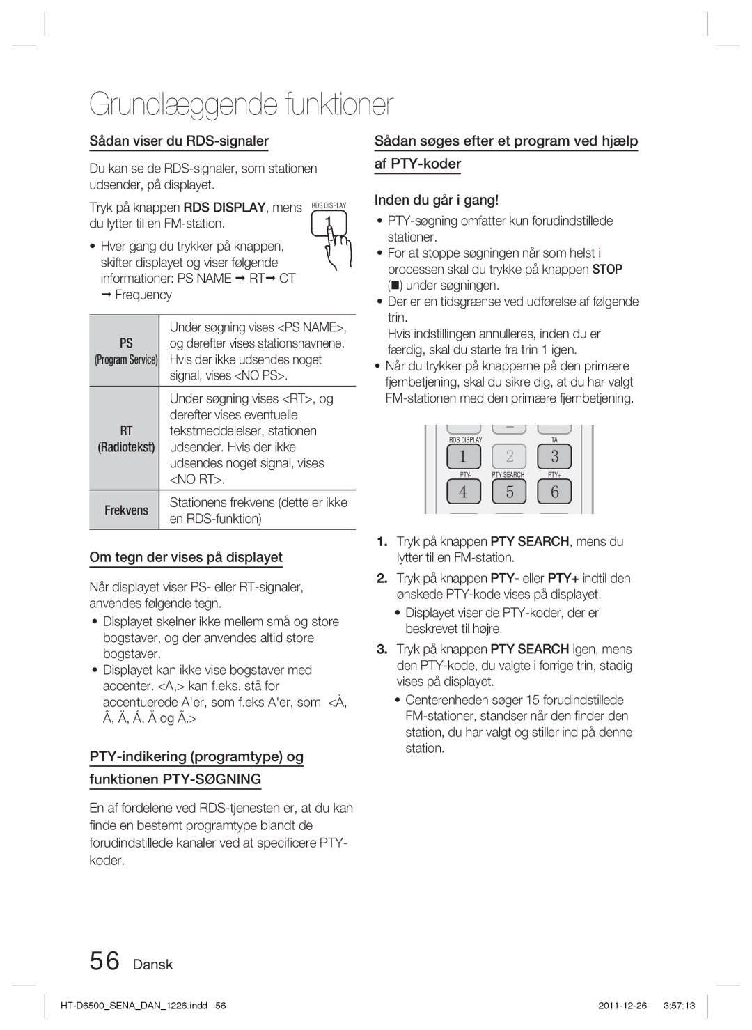 Samsung HT-D6500/XE Af PTY-koder, Om tegn der vises på displayet, PTY-indikering programtype og Funktionen PTY-SØGNING 