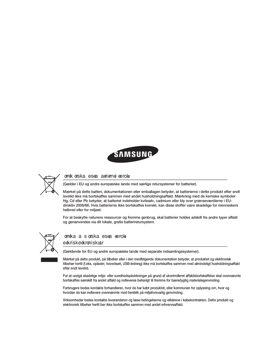 Samsung HT-D6500/XE manual Korrekt bortskaffelse af batterierne i dette produkt 