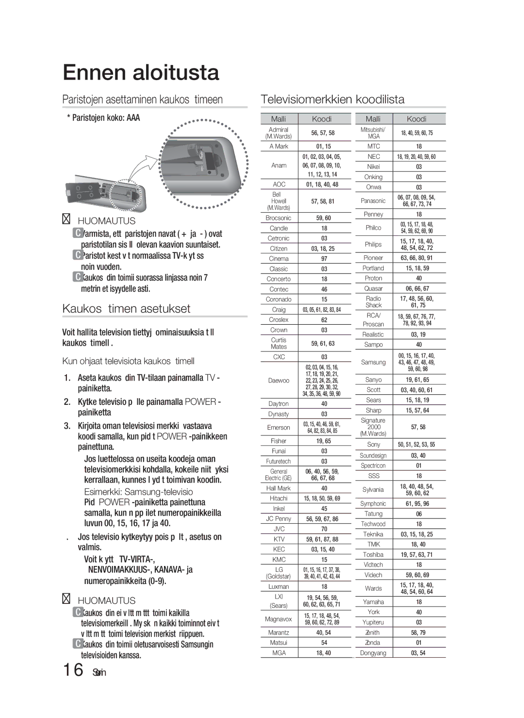 Samsung HT-D6500/XE manual Televisiomerkkien koodilista, Kaukosäätimen asetukset, Paristojen asettaminen kaukosäätimeen 