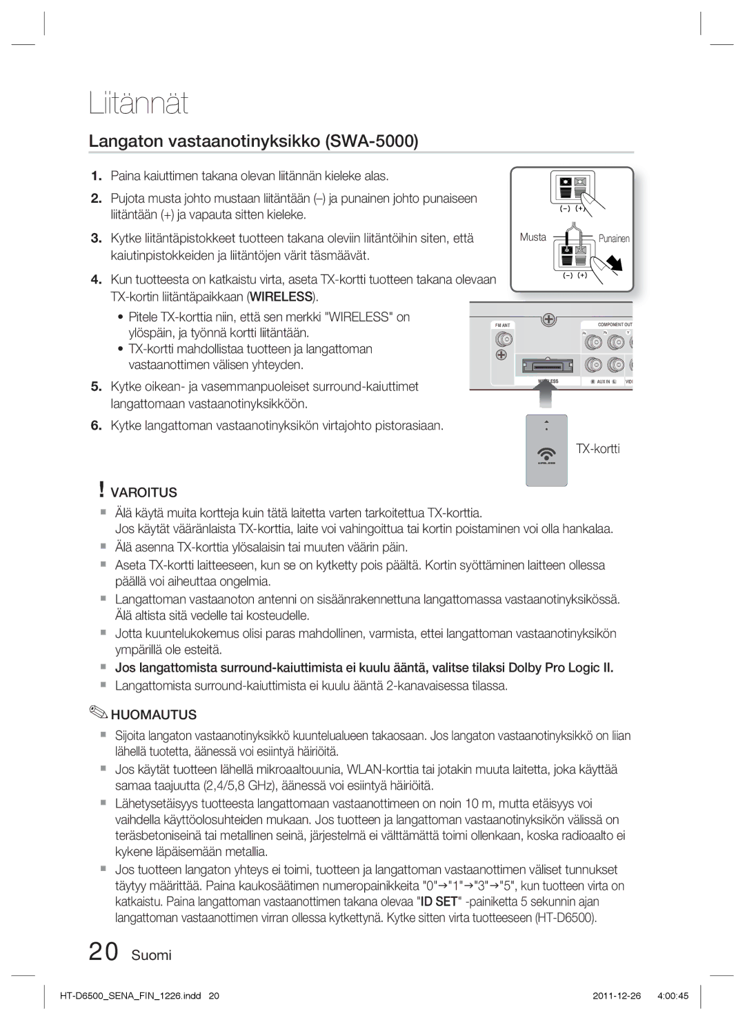 Samsung HT-D6500/XE manual Langaton vastaanotinyksikko SWA-5000, TX-kortti 