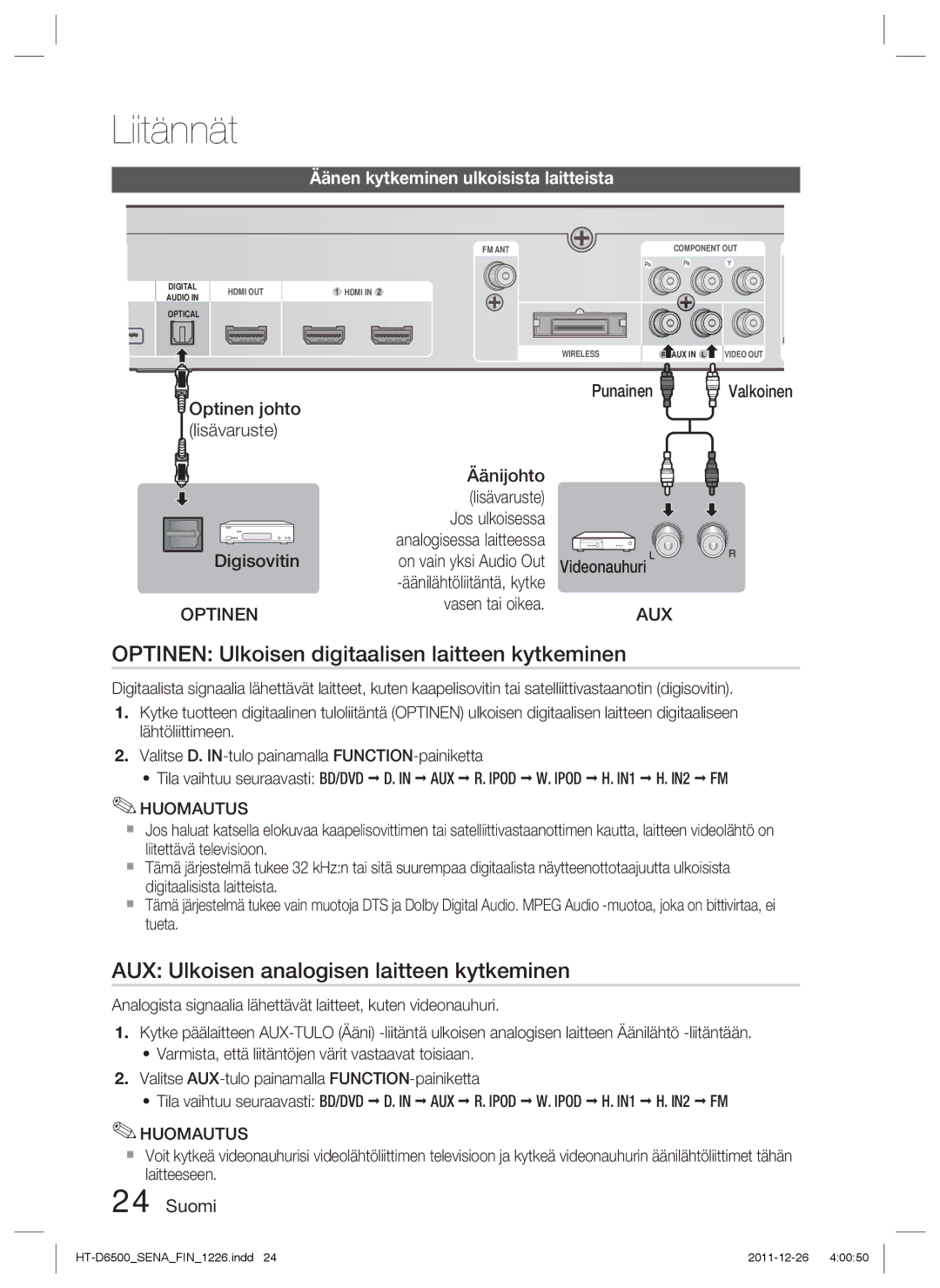 Samsung HT-D6500/XE manual Optinen Ulkoisen digitaalisen laitteen kytkeminen, AUX Ulkoisen analogisen laitteen kytkeminen 