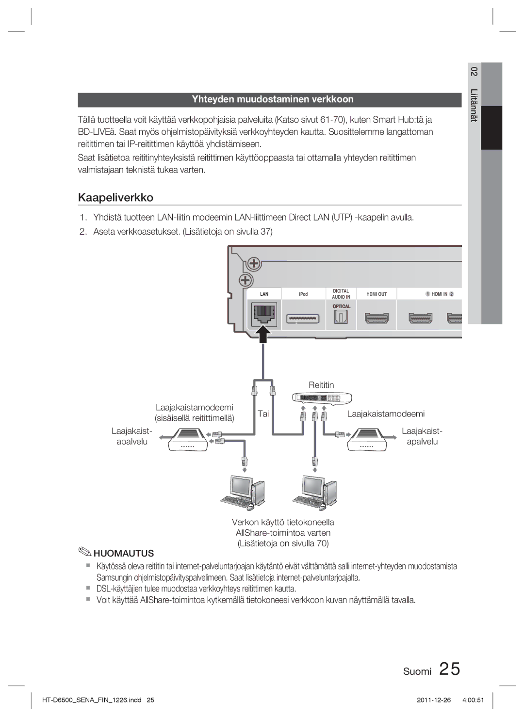 Samsung HT-D6500/XE manual Yhteyden muudostaminen verkkoon, Laajakaist Apalvelu Tai Reititin Laajakaistamodeemi 