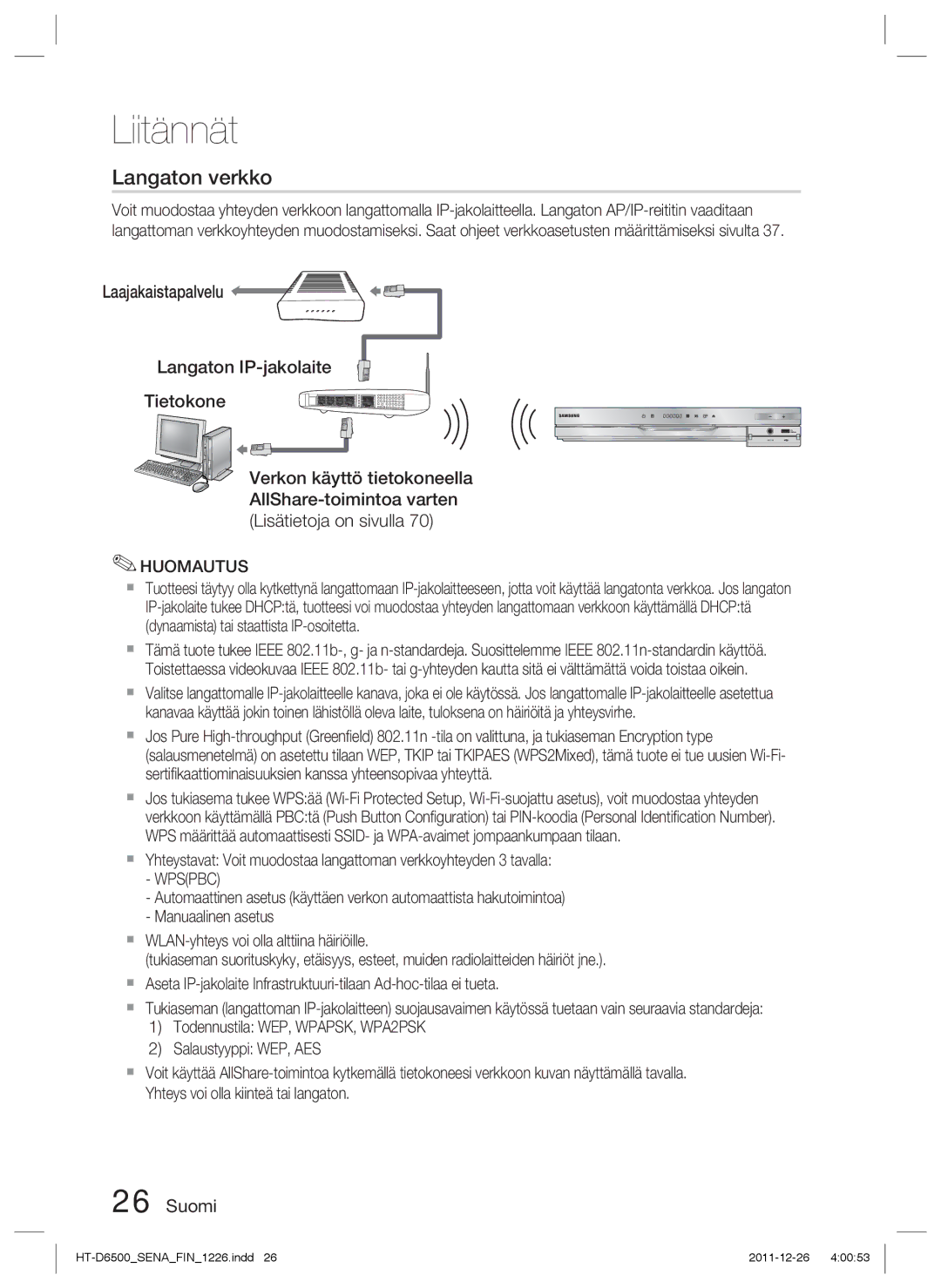 Samsung HT-D6500/XE manual Langaton verkko 