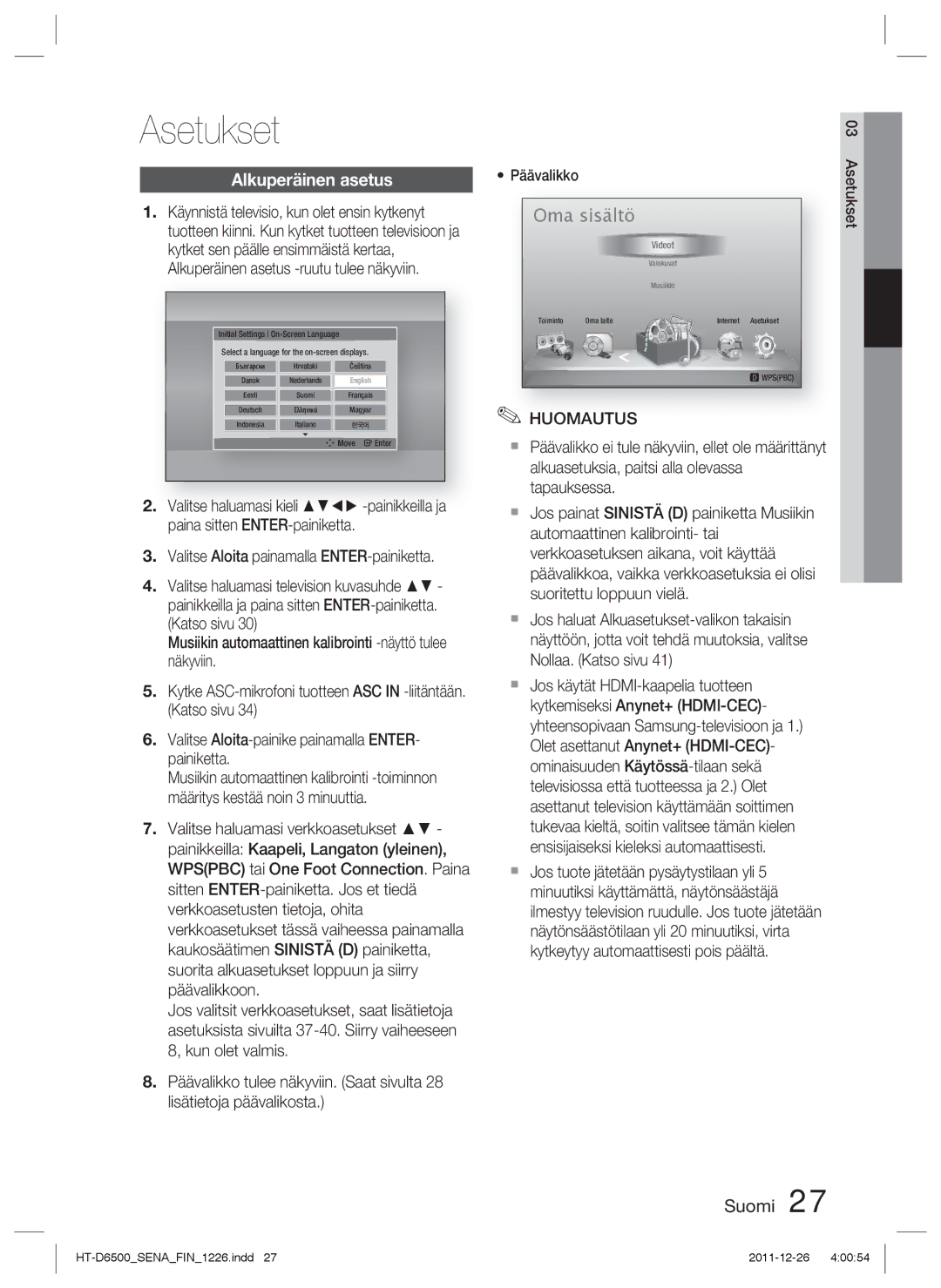 Samsung HT-D6500/XE manual Asetukset, Alkuperäinen asetus, Päävalikko 