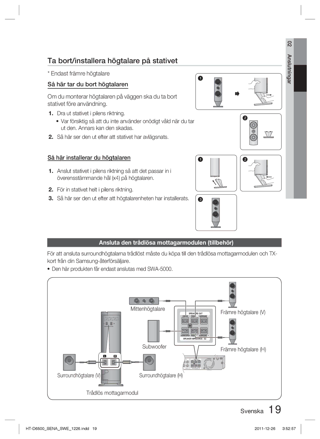 Samsung HT-D6500/XE Ta bort/installera högtalare på stativet, Så här installerar du högtalaren, Trådlös mottagarmodul 