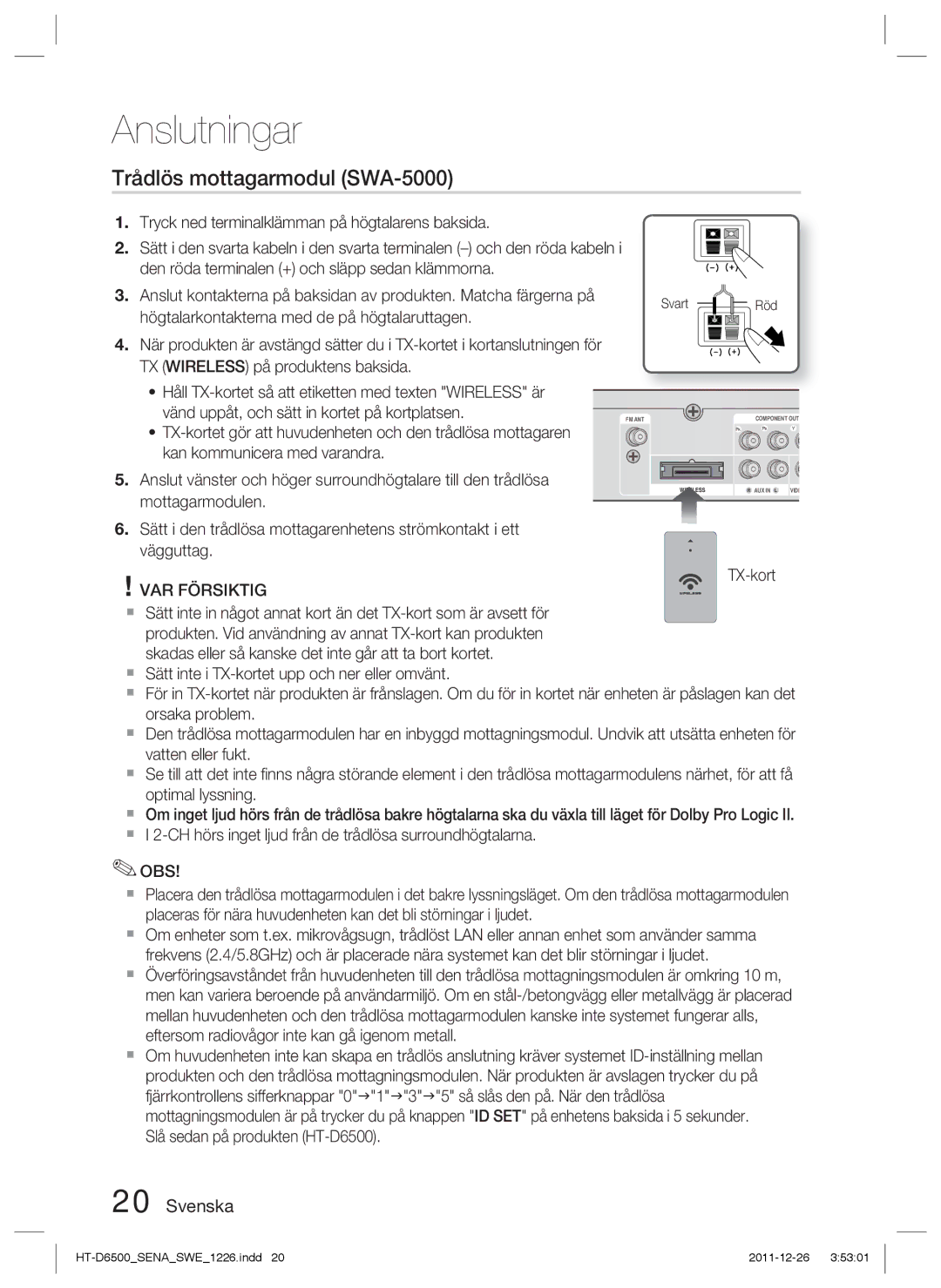 Samsung HT-D6500/XE manual Trådlös mottagarmodul SWA-5000, TX-kort, Röd 