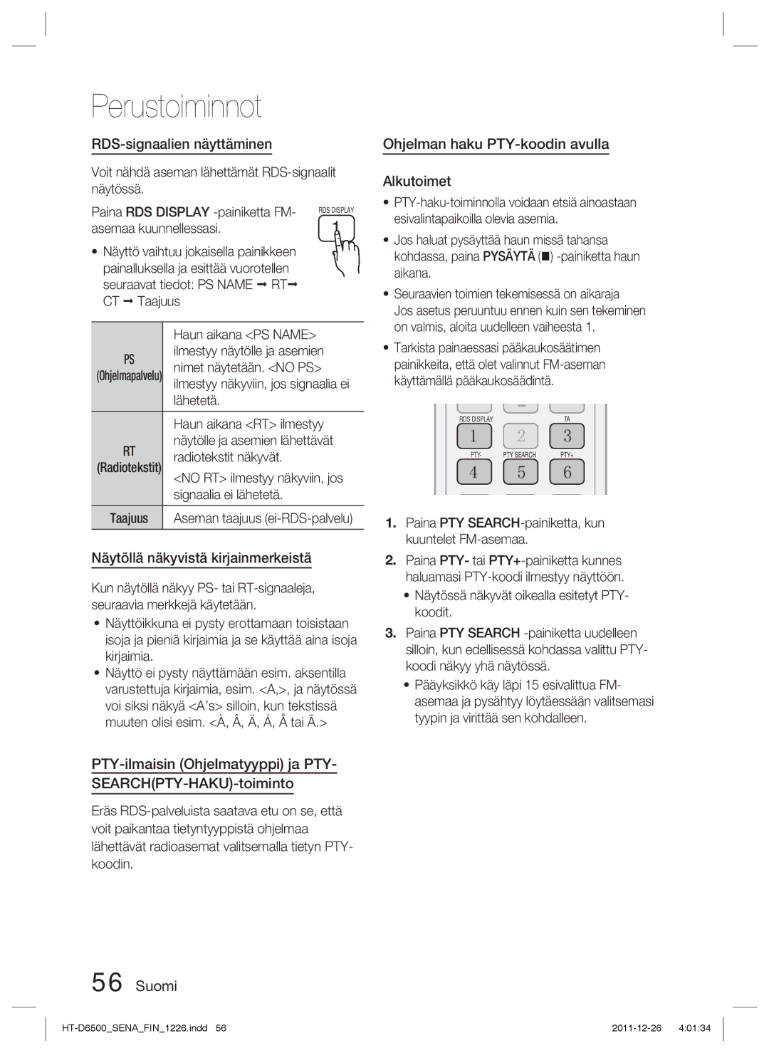 Samsung HT-D6500/XE manual RDS-signaalien näyttäminen, Näytöllä näkyvistä kirjainmerkeistä 