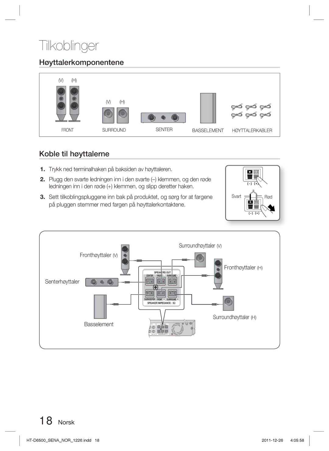 Samsung HT-D6500/XE manual Høyttalerkomponentene, Koble til høyttalerne, Trykk ned terminalhaken på baksiden av høyttaleren 