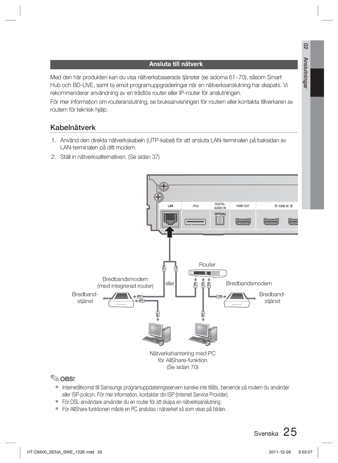 Samsung HT-D6500/XE manual Kabelnätverk, Ansluta till nätverk 