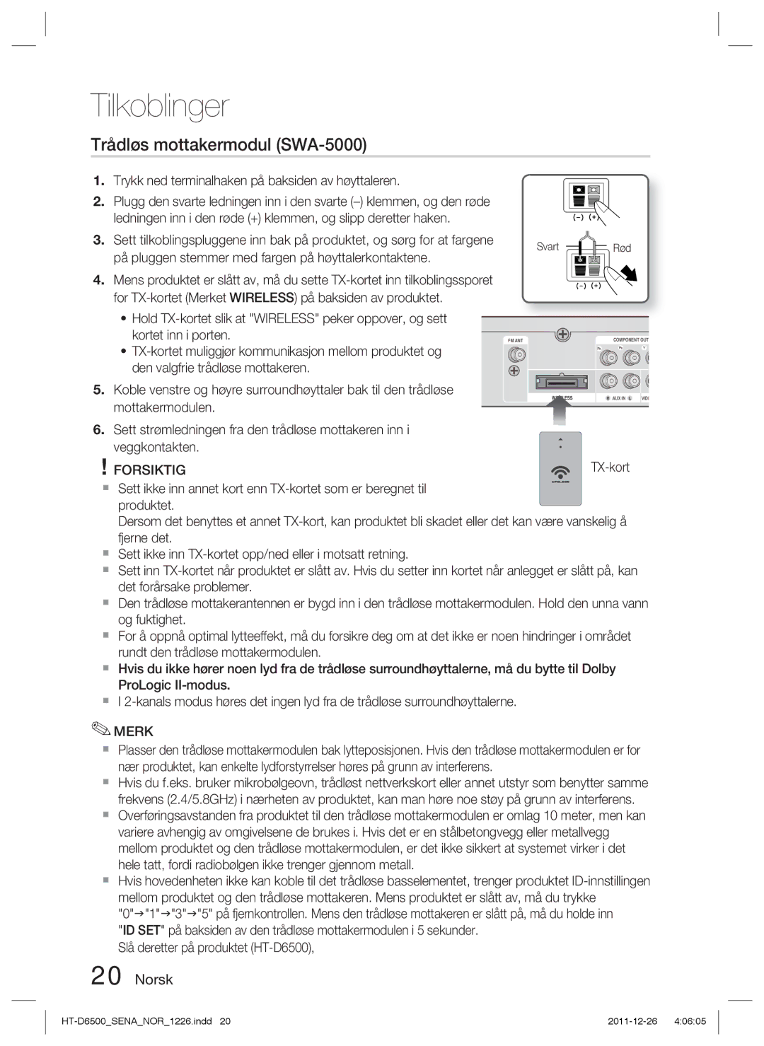 Samsung HT-D6500/XE manual Trådløs mottakermodul SWA-5000, Forsiktig 