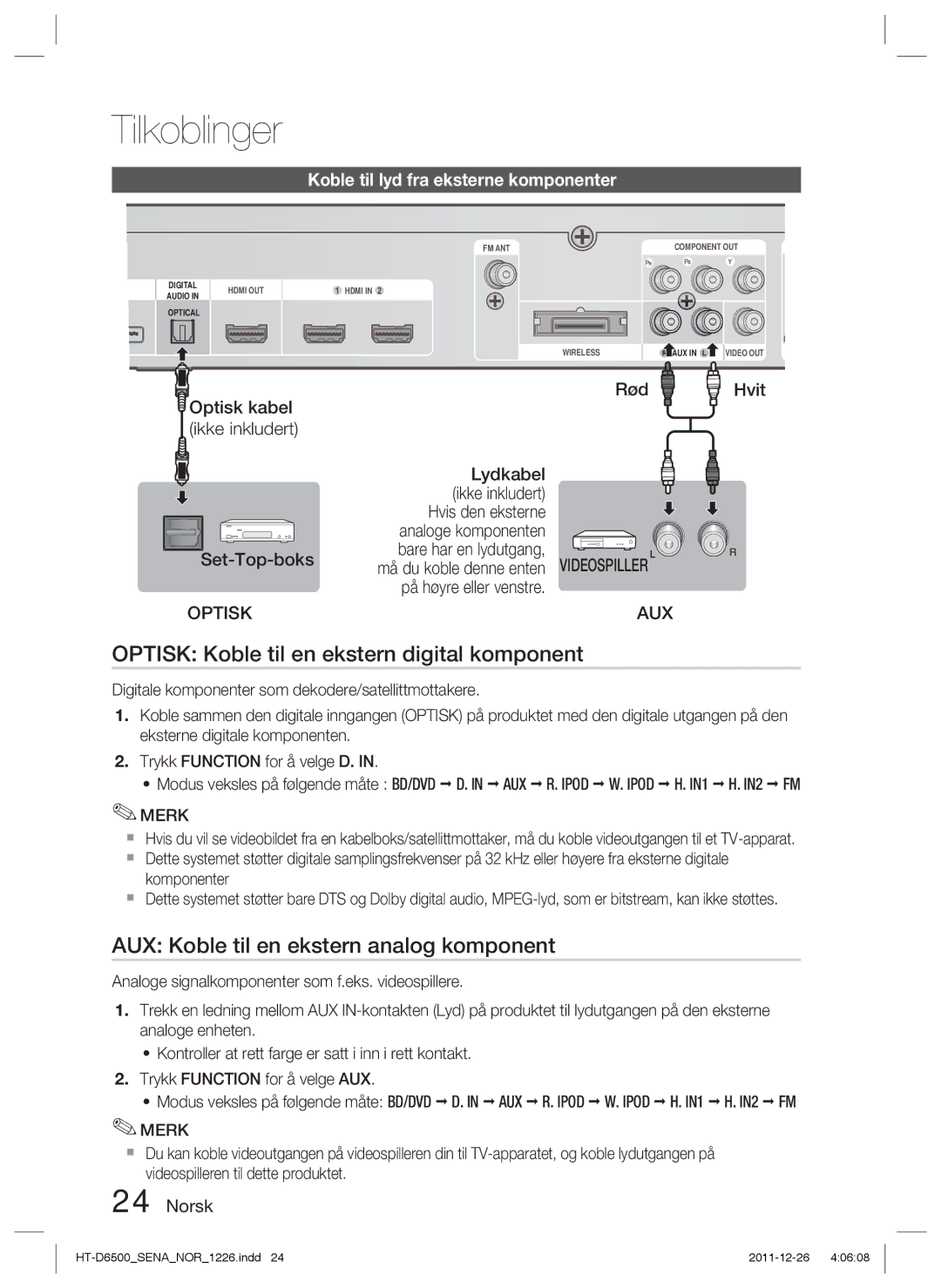 Samsung HT-D6500/XE manual Optisk Koble til en ekstern digital komponent, AUX Koble til en ekstern analog komponent 