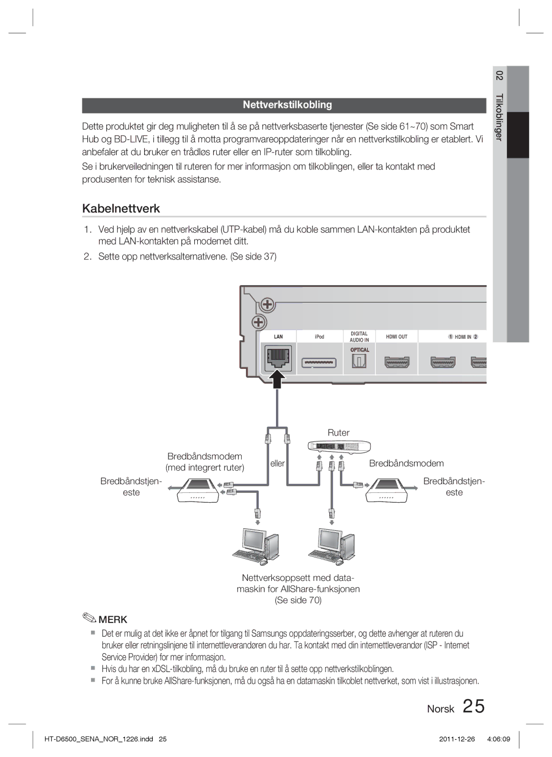 Samsung HT-D6500/XE manual Nettverkstilkobling, Bredbåndstjen Este Eller Ruter Bredbåndsmodem 