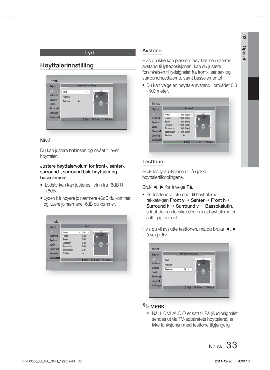 Samsung HT-D6500/XE manual Høyttalerinnstilling, Avstand, Testtone 