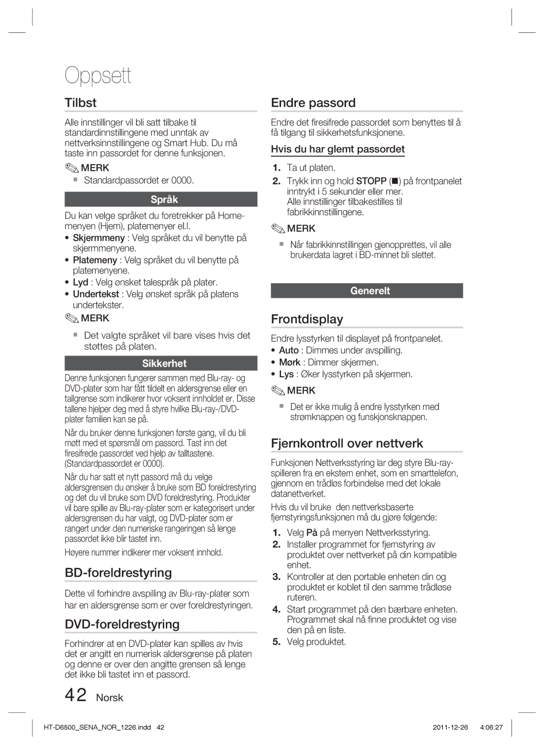 Samsung HT-D6500/XE manual Tilbst, BD-foreldrestyring, DVD-foreldrestyring, Endre passord, Frontdisplay 