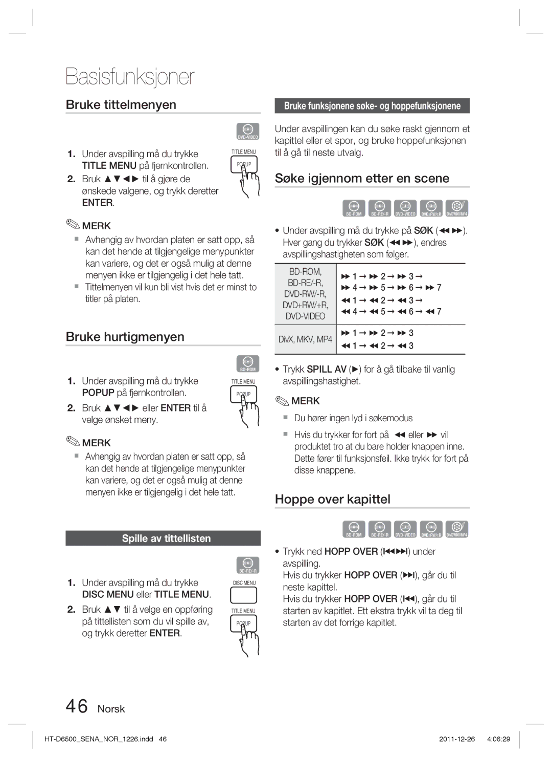 Samsung HT-D6500/XE manual Bruke tittelmenyen, Søke igjennom etter en scene, Bruke hurtigmenyen, Hoppe over kapittel 