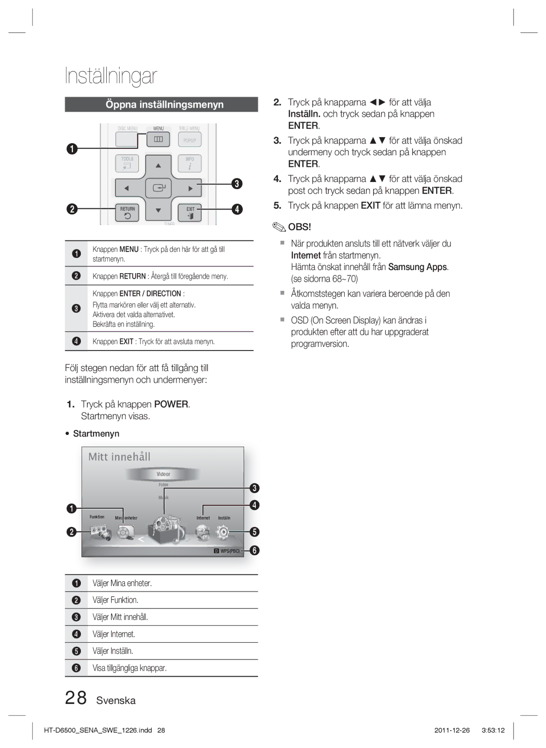 Samsung HT-D6500/XE manual Öppna inställningsmenyn, Enter, Undermeny och tryck sedan på knappen 