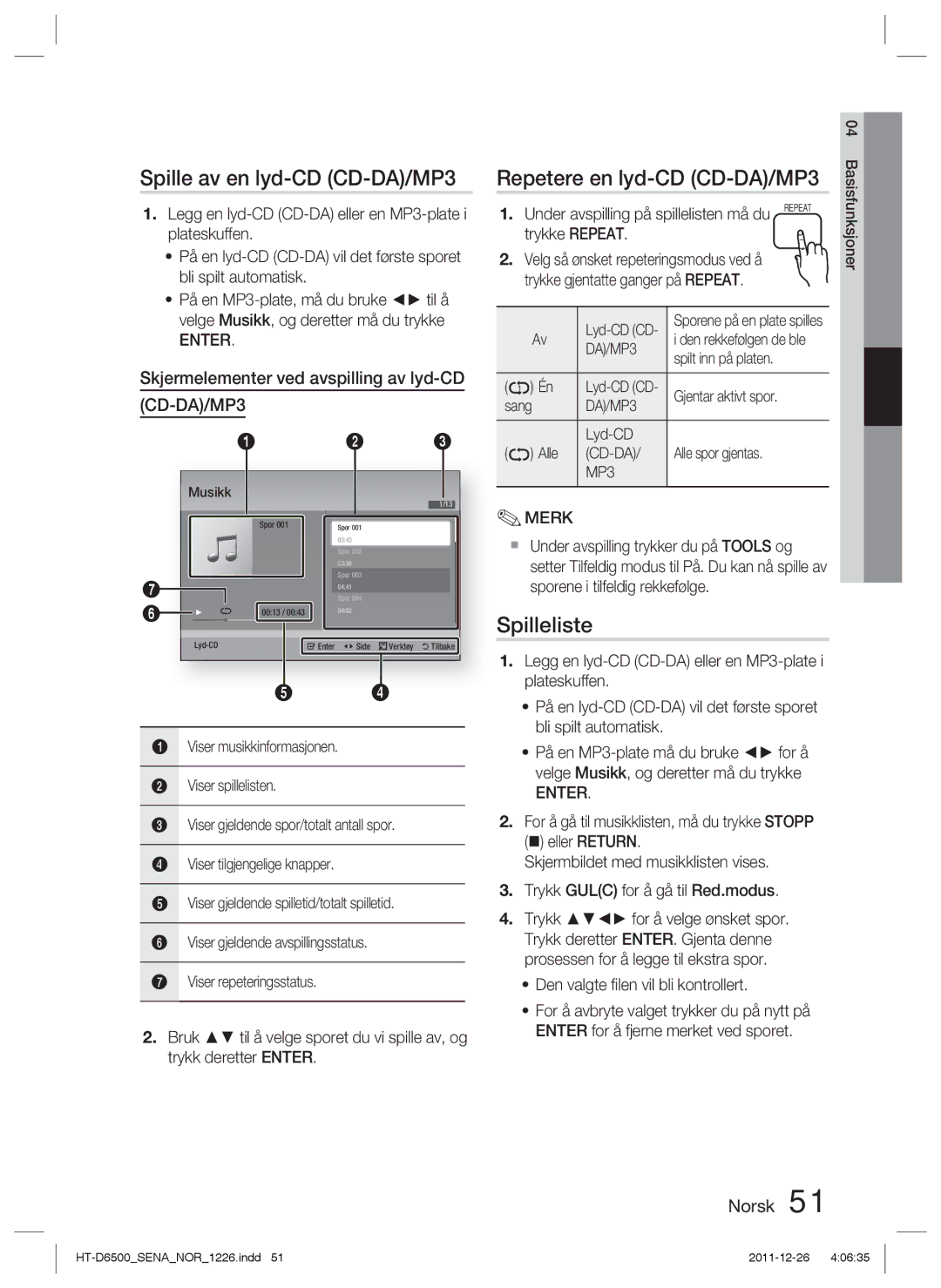 Samsung HT-D6500/XE manual Spille av en lyd-CD CD-DA/MP3, Repetere en lyd-CD CD-DA/MP3, Spilleliste 