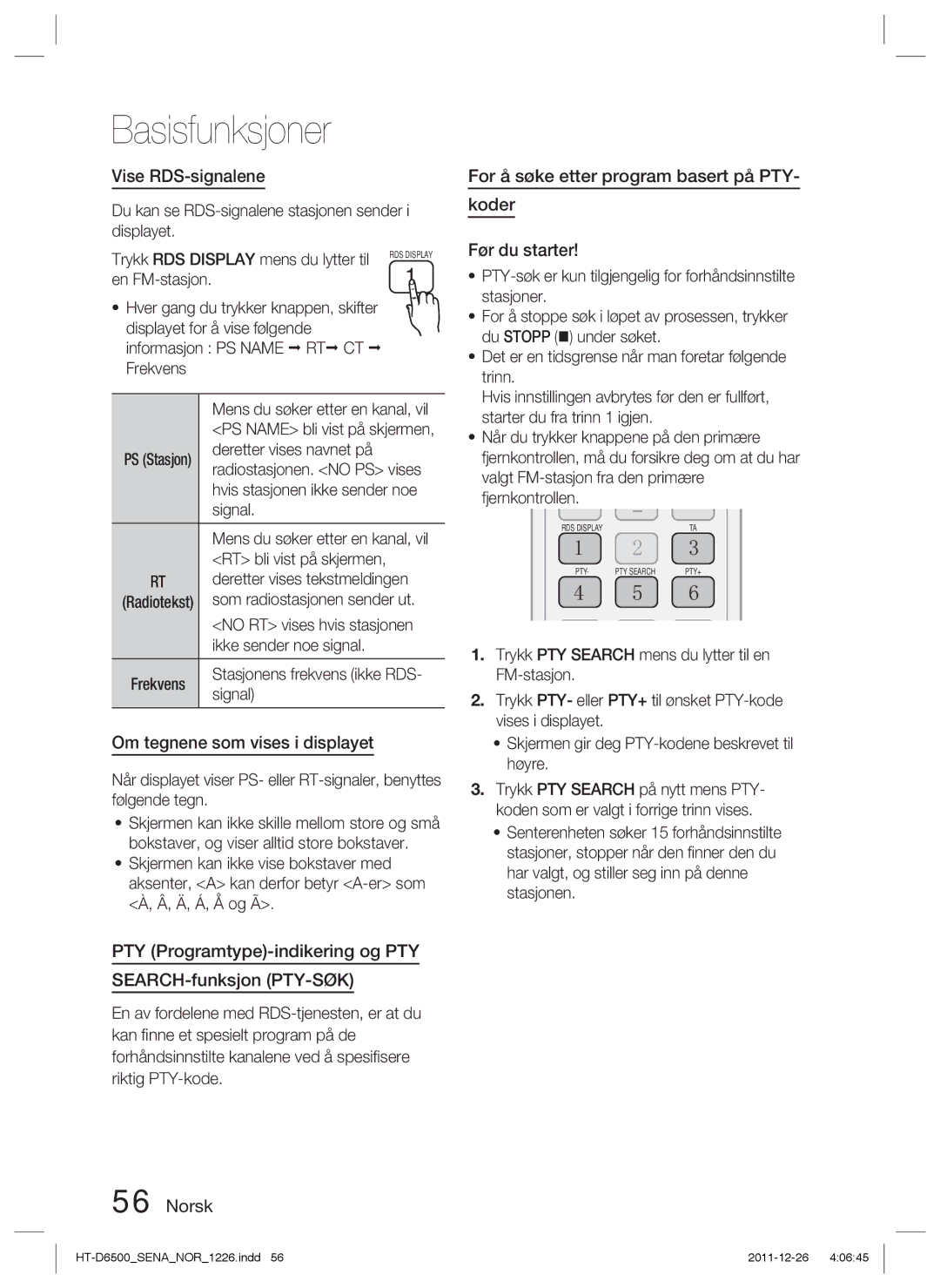 Samsung HT-D6500/XE manual Vise RDS-signalene, Om tegnene som vises i displayet 