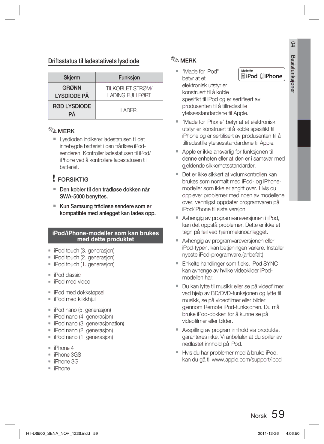 Samsung HT-D6500/XE manual Driftsstatus til ladestativets lysdiode, IPod/iPhone-modeller som kan brukes Med dette produktet 