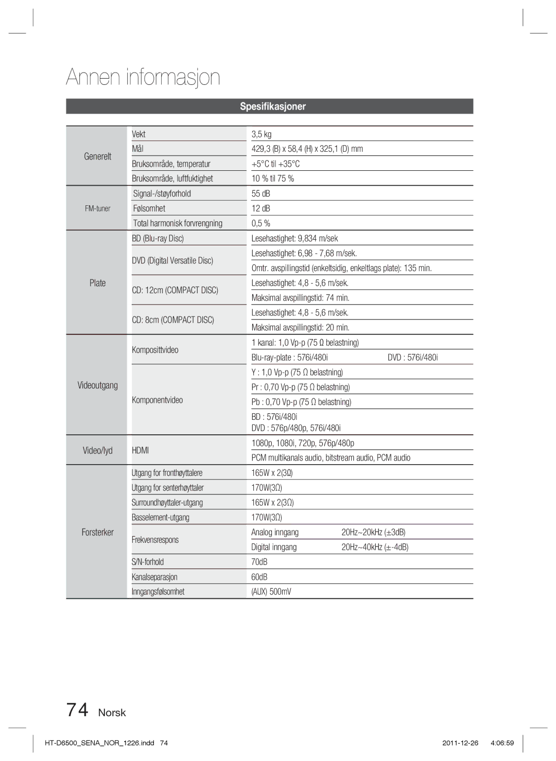 Samsung HT-D6500/XE manual Spesiﬁkasjoner 