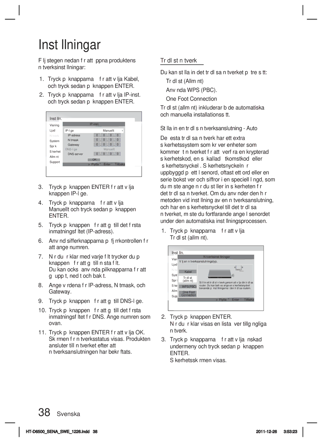 Samsung HT-D6500/XE manual Trådlöst nätverk, Ställa in en trådlös nätverksanslutning Auto 